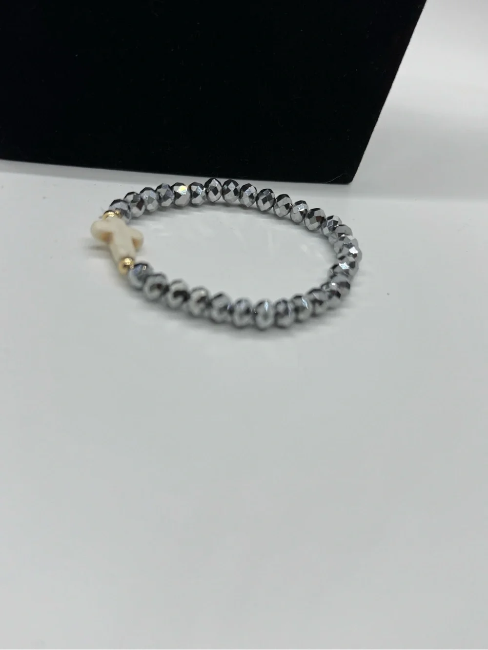 Faceted Hematite Beaded Stretch Bracelet with Cross Accent